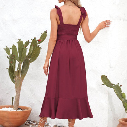 Square Neck Tie Strap Midi Dress - MimiStylez