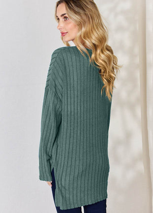 Basic Bae Full Size Ribbed Half Button Long Sleeve High-Low T-Shirt - MimiStylez