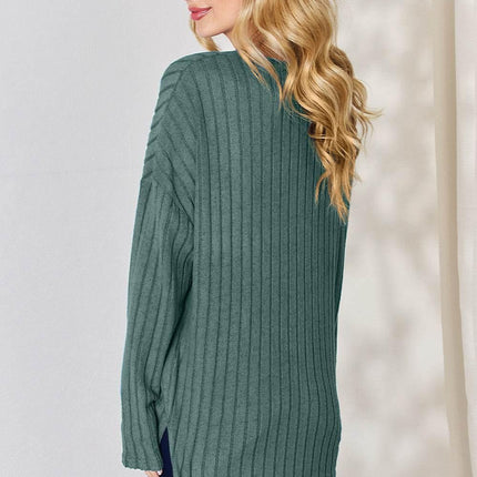 Basic Bae Full Size Ribbed Half Button Long Sleeve High-Low T-Shirt - MimiStylez