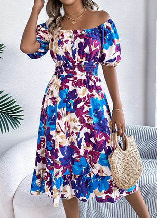 Ruffled Hem Smocked Floral Short Sleeve Midi Dress - MimiStylez