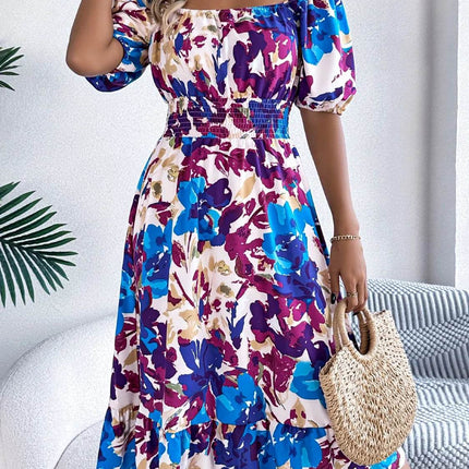 Ruffled Hem Smocked Floral Short Sleeve Midi Dress - MimiStylez