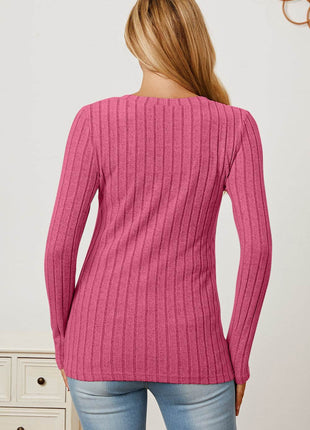 Basic Bae Full Size Ribbed V-Neck Long Sleeve T-Shirt - MimiStylez