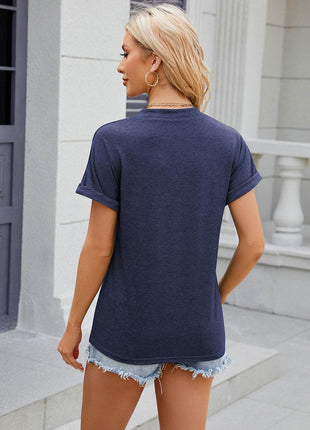 Decorative Button Notched Short Sleeve T-Shirt - MimiStylez