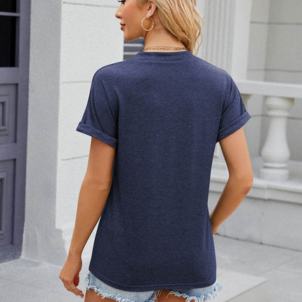 Decorative Button Notched Short Sleeve T-Shirt - MimiStylez