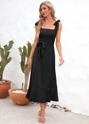 Square Neck Tie Strap Midi Dress - MimiStylez