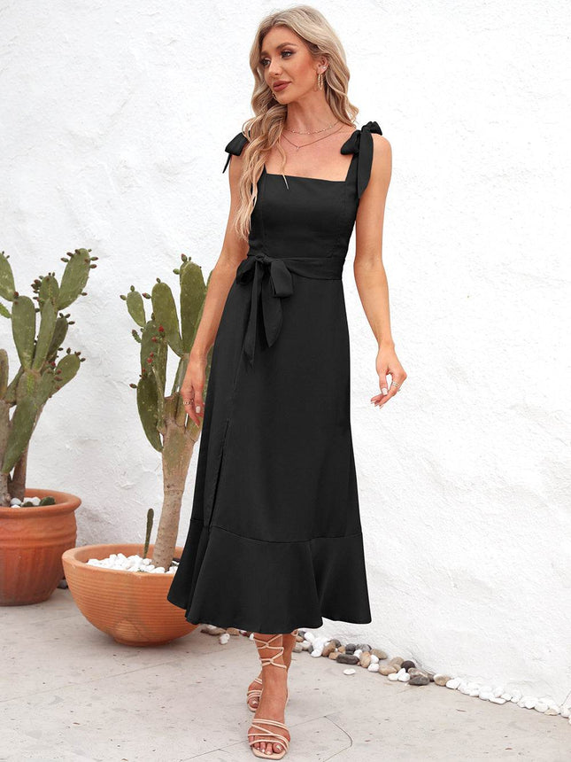 Square Neck Tie Strap Midi Dress - MimiStylez