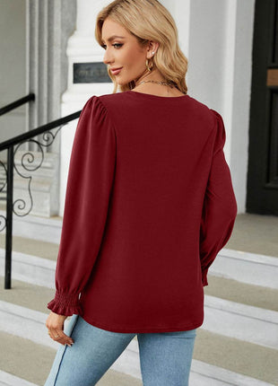 Round Neck Smocked Flounce Sleeve Blouse - MimiStylez