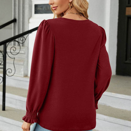 Round Neck Smocked Flounce Sleeve Blouse - MimiStylez