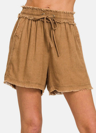 Zenana Washed Linen Frayed Hem Drawstring Shorts - MimiStylez