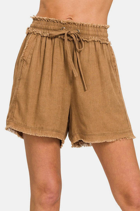 Zenana Washed Linen Frayed Hem Drawstring Shorts - MimiStylez