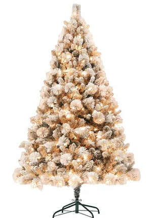 6.5 Ft Pre-Lit Flocked Christmas Tree With 350 Clear Lights And 1107 Tips, With Metal Stand, Hinged Xmas Tree