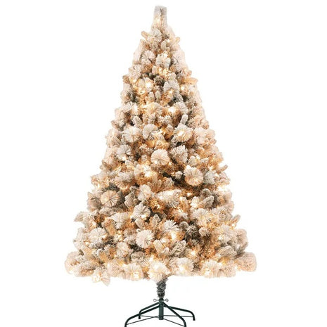 6.5 Ft Pre-Lit Flocked Christmas Tree With 350 Clear Lights And 1107 Tips, With Metal Stand, Hinged Xmas Tree