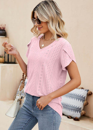 Eyelet Petal Sleeve V-Neck Knit Top - MimiStylez