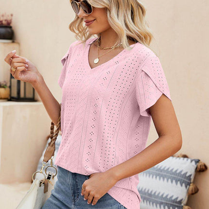 Eyelet Petal Sleeve V-Neck Knit Top - MimiStylez