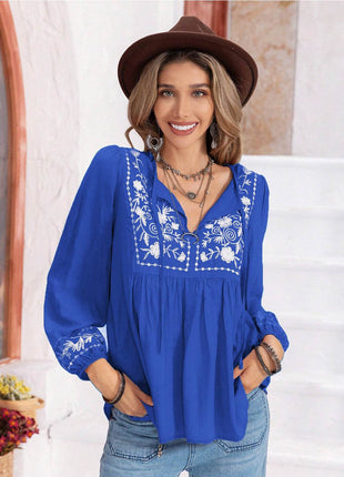 Floral Tie Neck Balloon Sleeve Blouse - MimiStylez