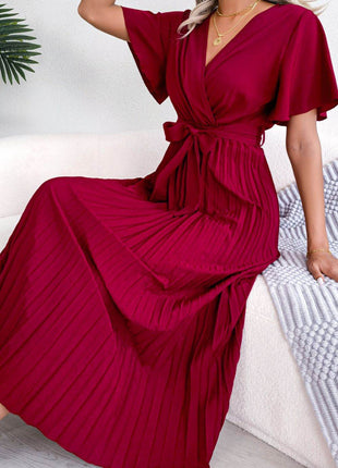 Pleated Flutter Sleeve Belted Dress - MimiStylez