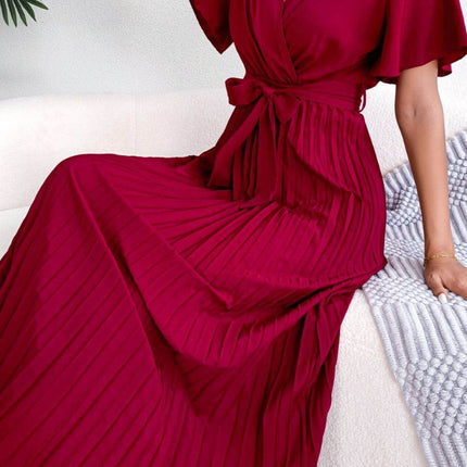 Pleated Flutter Sleeve Belted Dress - MimiStylez