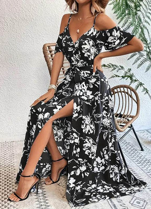 Women's Floral Maxi Dress Cold Shoulder Split Belted A Line Long Summer Dress - MimiStylez