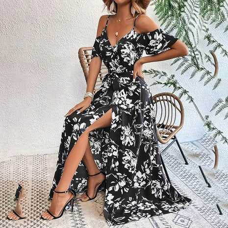 Women's Floral Maxi Dress Cold Shoulder Split Belted A Line Long Summer Dress - MimiStylez