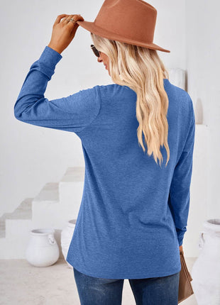 V-Neck Buttoned Long Sleeve Blouse - MimiStylez