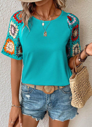 Geometric Round Neck Short Sleeve Blouse - MimiStylez