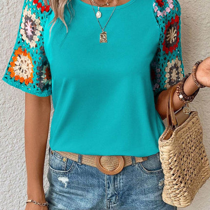 Geometric Round Neck Short Sleeve Blouse - MimiStylez