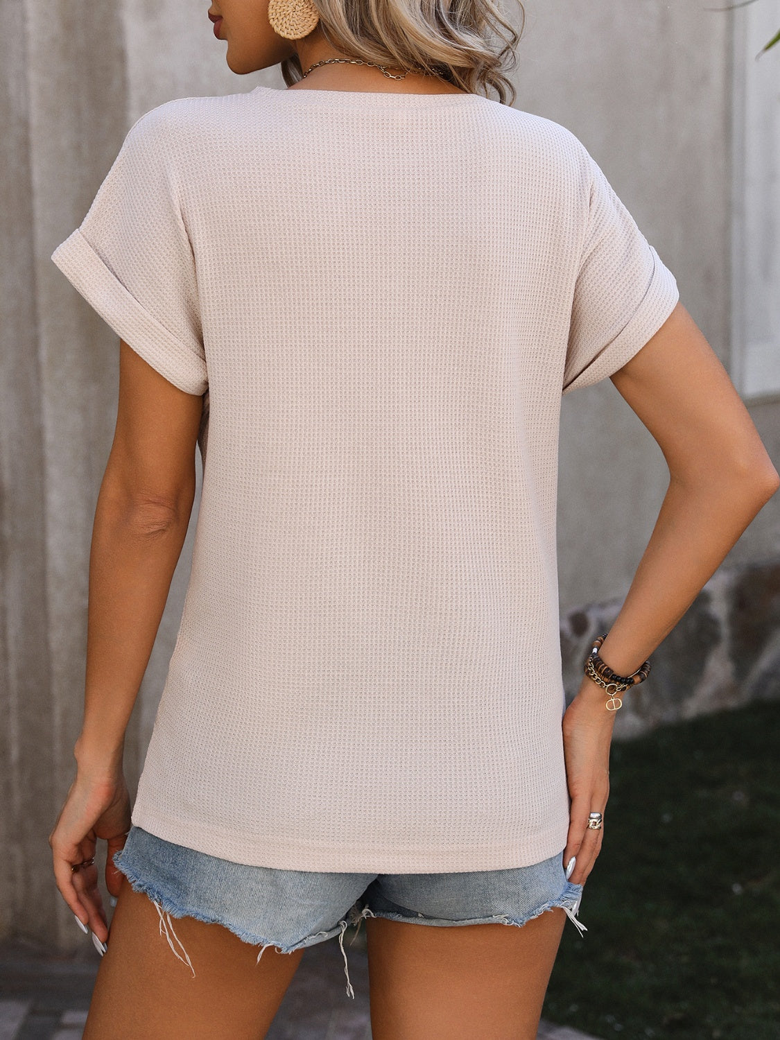 Cable-Knit Round Neck Short Sleeve T-Shirt