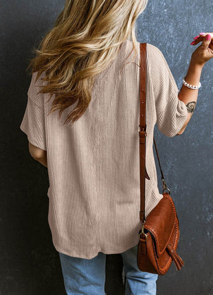 Textured V-Neck Dropped Shoulder T-Shirt - MimiStylez