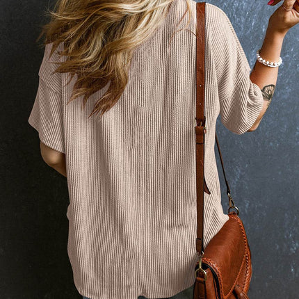 Textured V-Neck Dropped Shoulder T-Shirt - MimiStylez