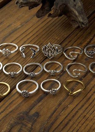 Alloy Multi Shapes 15-Piece Ring Set - MimiStylez