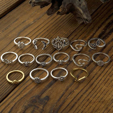 Alloy Multi Shapes 15-Piece Ring Set - MimiStylez