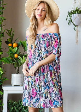 Heimish Full Size Off Shoulder Snake Mini Dress - MimiStylez