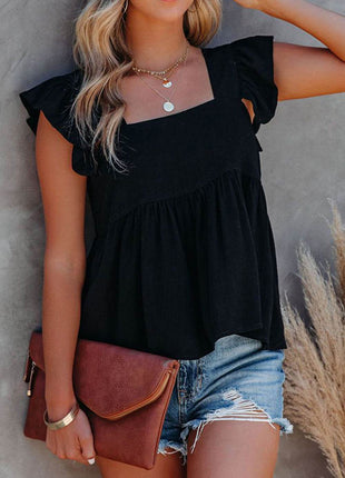 Full Size Ruffled Square Neck Cap Sleeve Blouse - MimiStylez
