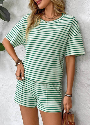 Striped Round Neck Short Sleeve Top and Shorts Set - MimiStylez
