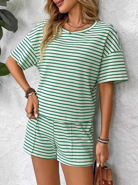 Striped Round Neck Short Sleeve Top and Shorts Set - MimiStylez