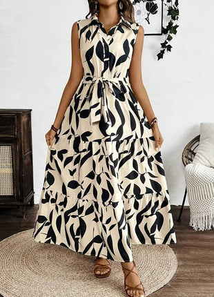 Women Sleeveless Boho Floral Maxi Dress Summer Button Shirt V Neck Flowy Belted Beach Vacation Dresses - MimiStylez