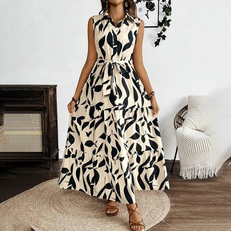 Women Sleeveless Boho Floral Maxi Dress Summer Button Shirt V Neck Flowy Belted Beach Vacation Dresses - MimiStylez