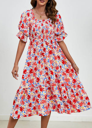 Smocked Floral Square Neck Short Sleeve Dress - MimiStylez