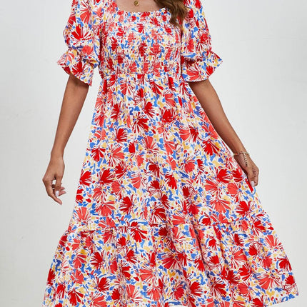 Smocked Floral Square Neck Short Sleeve Dress - MimiStylez