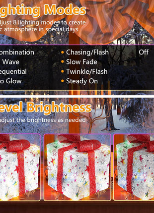 Star-Deer Pattern Options -- Set Of 3 Christmas Lighted Gift Boxes Xmas Present Ornament 50 LED Christmas Box Decorations With Ribbon Bows IP44 Waterproof Battery Powered For Indoor Outdoor Decor