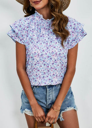 Ditsy Floral Mock Neck Flounce Sleeve Blouse - MimiStylez