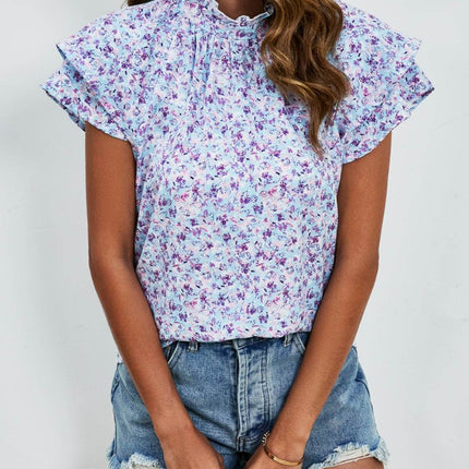 Ditsy Floral Mock Neck Flounce Sleeve Blouse - MimiStylez