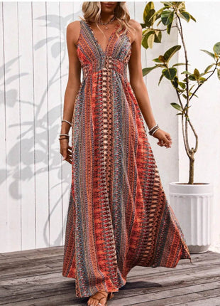 Tied Back Printed Sleeveless Maxi Slit Dress - MimiStylez