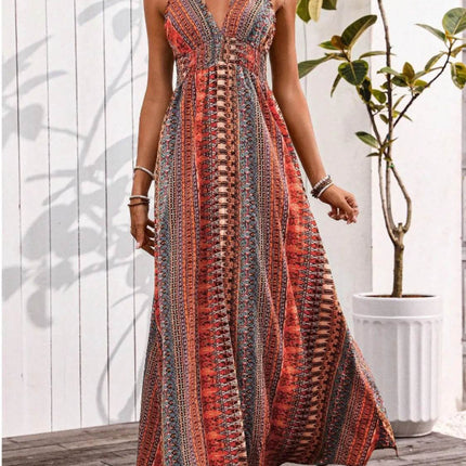Tied Back Printed Sleeveless Maxi Slit Dress - MimiStylez