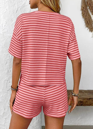 Striped Round Neck Short Sleeve Top and Shorts Set - MimiStylez