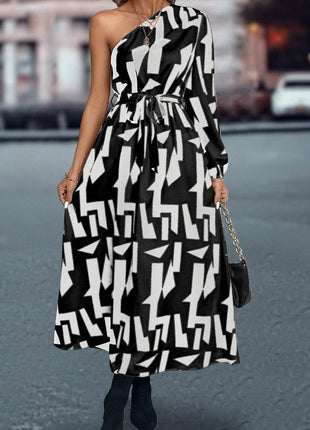 Printed One-Shoulder Tie Waist Dress - MimiStylez