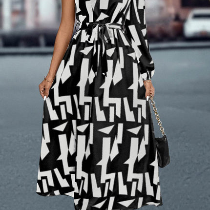 Printed One-Shoulder Tie Waist Dress - MimiStylez