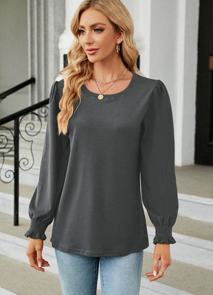 Round Neck Smocked Flounce Sleeve Blouse - MimiStylez