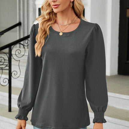 Round Neck Smocked Flounce Sleeve Blouse - MimiStylez