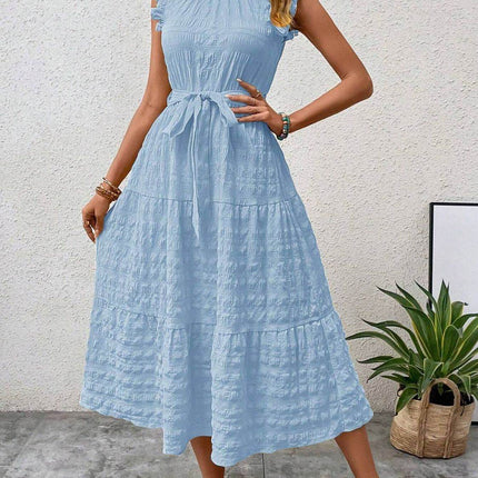 Tied Ruffled Cap Sleeve Midi Dress - MimiStylez